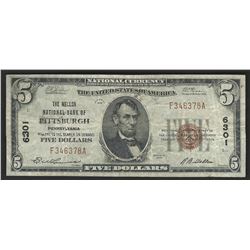 1929 $5 National Bank Note of Pittsburgh Pennsylvania Charter #6301