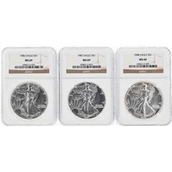 Set of 1986-1988 $1 American Silver Eagle Coins NGC MS69