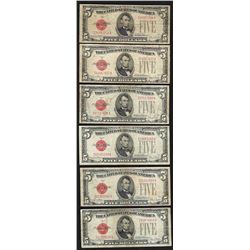 Lot of (6) 1928F $5 Legal Tender Notes