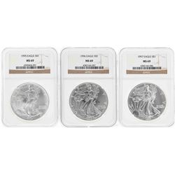 Set of 1995-1997 $1 American Silver Eagle Coins NGC MS69