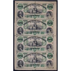 1800s $5 Uncut Sheet of Citizens Bank of Louisiana Obsolete Notes