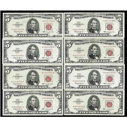 Lot of (8) 1963 $5 Red Seal Legal Tender Notes