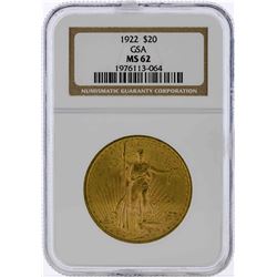 1922 $20 St. Gaudens Double Eagle Gold Coin GSA NGC MS62