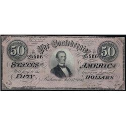 1864 $50 The Confederate States of America Note