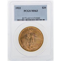 1922 $20 St. Gaudens Double Eagle Gold Coin PCGS MS63