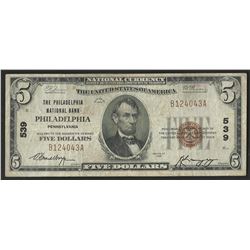 1929 $5 National Bank Note of Philadelphia Pennsylvania Charter #539