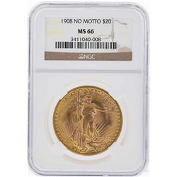 1908 NM $20 Saint Gaudens Double Eagle Gold Coin NGC MS66