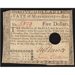 1780 Five Dollars State of Massachusetts-Bay Colonial Note