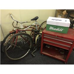 LOT OF 4 VINTAGE BIKE FRAMES & RED TOOLCHEST