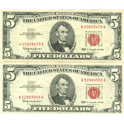 1963 $5 VG/XF Red Seal Note Lot of 2