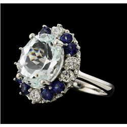 4.33 ctw Aquamarine, Sapphire and Diamond Ring - 14KT White Gold