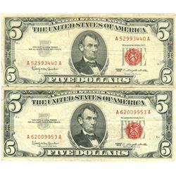 1963 $5 VG/XF Red Seal Note Lot of 2