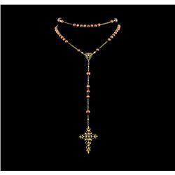 Pearl and Diamond Cross Necklace - 14KT Yellow Gold