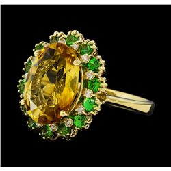 5.05 ctw Citrine Quartz, Tsavorite, and Diamond Ring - 14KT Yellow  Gold