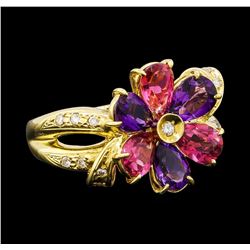 1.90 ctw Amethyst, Tourmaline and Diamond Ring - 18KT Yellow Gold