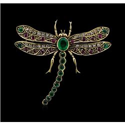 0.72 ctw Emerald, Ruby and Diamond Butterfly Brooch - 18KT Yellow Gold