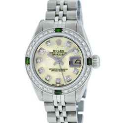 Rolex Stainless Steel Yellow MOP Diamond and Emerald DateJust Ladies Watch