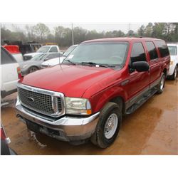 2002 FORD EXCURSION, VIN/SN:1FMNU40L42EA47643 V-8 GAS ENG, A/T, ODOMETER READING 216,236 MI