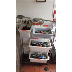 Wire Shelving With Contents: Cooking Utensils, Whisks, Tongs, Ladles, Scoopers, Bacon Press, High He