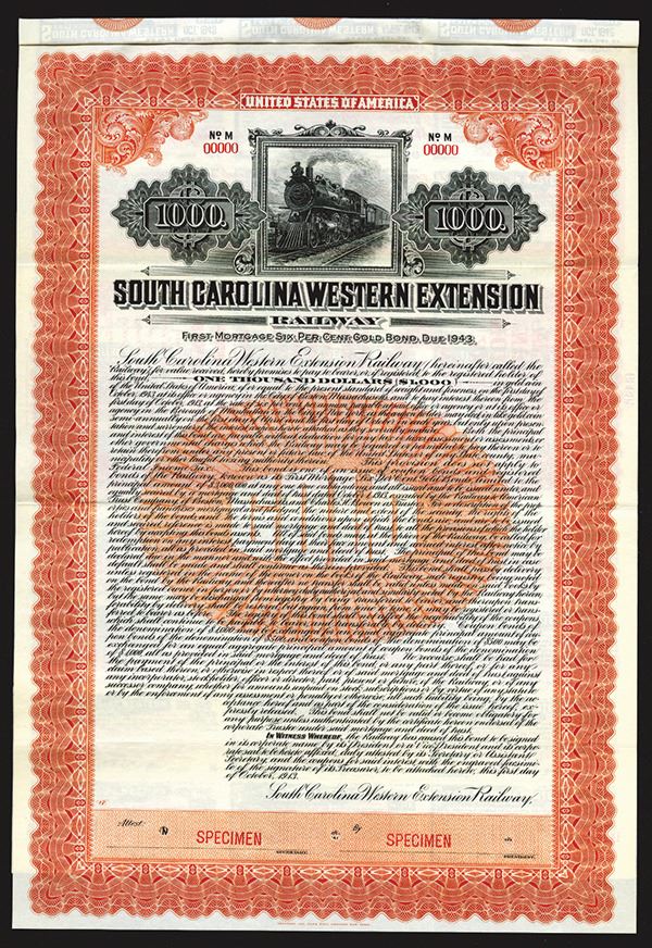 South Carolina Western Extension Railway 1913 Specimen Bond