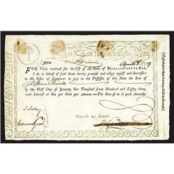 State of Massachusetts, April 1, 1779 State Lottery Bond.