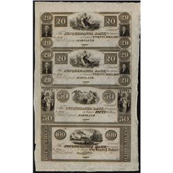 Susquehanna Bank, Port Deposit, Maryland, Uncut Obsolete Sheet of 4.