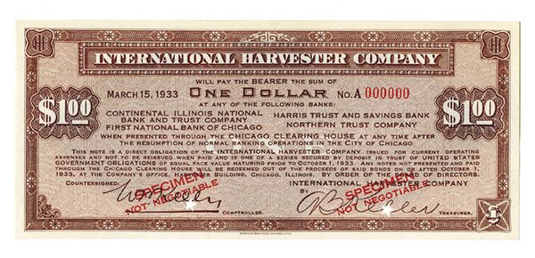 International Harvester Co., 1933, Specimen Depression Scrip Note ...