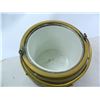 Image 1 : early oak British Biscuit Barrel, porcelain lined, handle, missing on screw on top band, 6"x6"