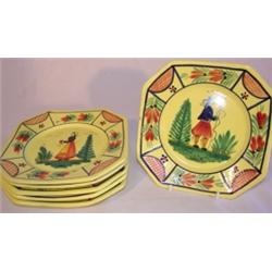 Set of 6 Quimper dessert plates.  One has flakes around edge.  Measure 7 1/2 x 7 1/2.  3 plates de