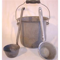 Agateware bucket with two ladles
