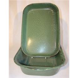 2 green agateware pans