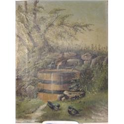 Oil on canvas painting of sparrows at fountain