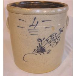 Blue decorated stoneware crock with ears