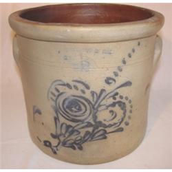 Blue decorated stoneware crock with ears