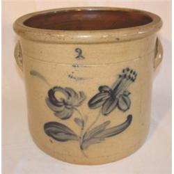 Blue decorated stoneware crock with ears