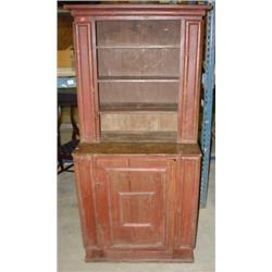 Folk art original red painted wall cupboard
