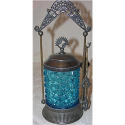 Victorian pickle castor with blue glass insert