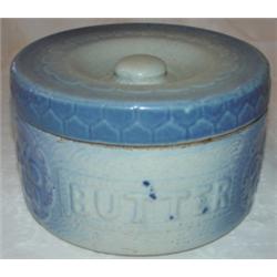 Blue & white salt-glazed butter crock