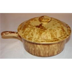 Brown spongeware covered bean pot with handle