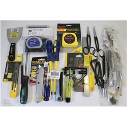FLAT OF NEW ASSORTED TOOLS INCLUDING, TAPE MEASURE