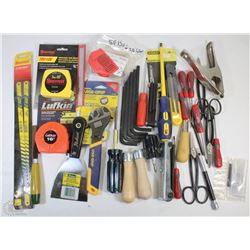 FLAT OF NEW TOOLS INCLUDING, TAPE MEASURES,