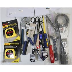 FLAT OF NEW ASSORTED TOOLS INCLUDING, TAPE