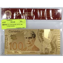 26) CANADA $100 REPLICA BANK NOTE 24K GOLD PLATED WITH