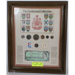 BA) 1967 FRAMED COIN, STAMP, & DOLLAR SET