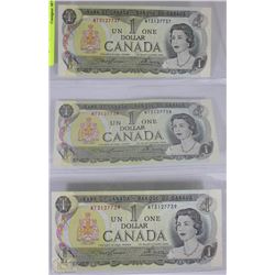 A) LOT OF 3 CANADIAN 1973 $1.00 BILLS