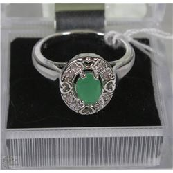 #36-GREEN EMERALD&CZ.925 STERLING SILVER RING