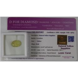 66) NATURAL YELLOW SAPPHIRE 3.922CT WITH COA
