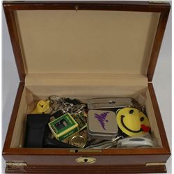 WOODEN BOX WITH MULTI TOOL. KEY CHAINS AND MORE