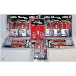 BOX OF NEW MASTER LOCKS ,TWO 3 PACKS,3 SINGLE
