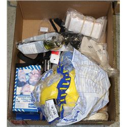 BOX WITH YELLO HARD HATS , SAFETY GLASSES, SAFETY